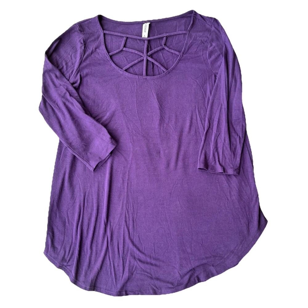 Zenana Premium Top Womens Sz L Purple Stretch Strappy Scoop Neck 3/4 Sleeve Fun